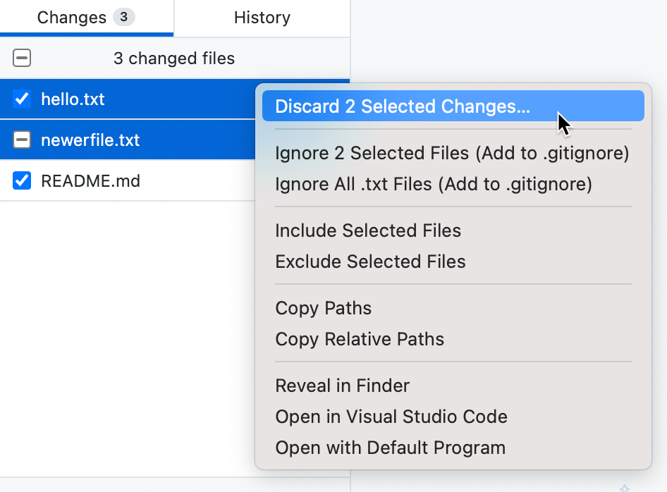 Screenshot of the "Changes" tab. Two selected files are highlighted in blue. In a context menu, the cursor hovers over "Discard 2 Selected Changes."