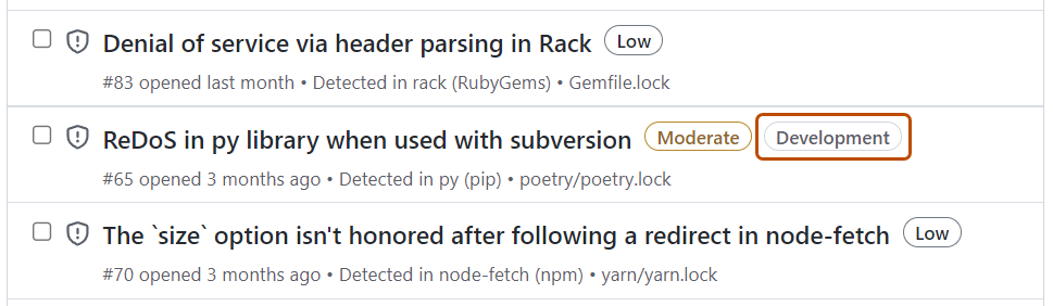 Screenshot showing the "Development" label assigned to an alert in the list of alerts.