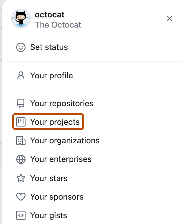 Screenshot showing the profile picture menu. The "Your projects" link is highlighted with an orange outline.