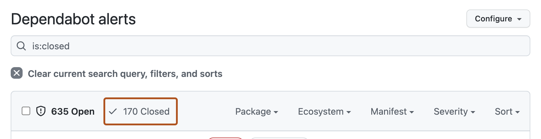 Screenshot of the "Dependabot Alerts" page. A button, labeled "Closed" is highlighted with an orange outline.