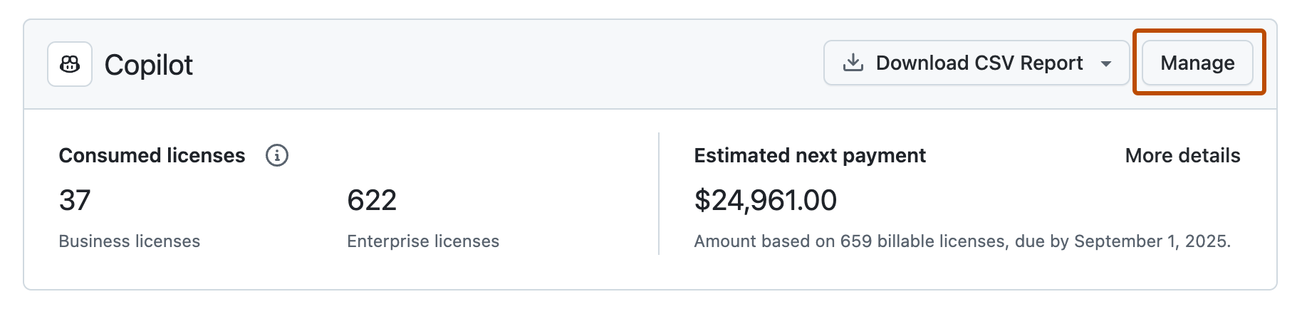Screenshot of the Licensing page, with the "Manage" button highlighted in orange.