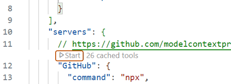 Screenshot of MCP server configuration in Visual Studio Code. The "Start" button is outlined in dark orange. 