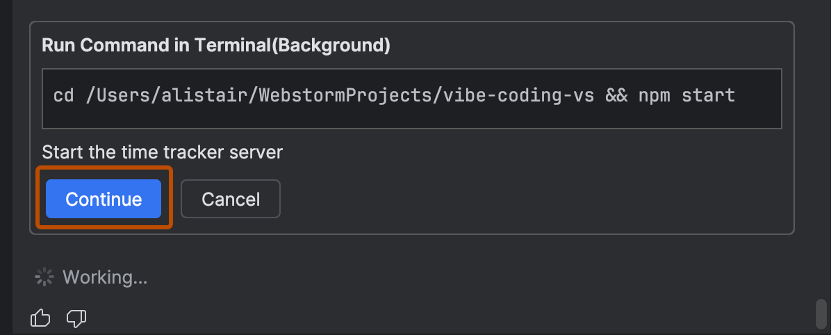 Screenshot of Copilot in JetBrains asking for permission to run a command. The "Continue" button is highlighted.