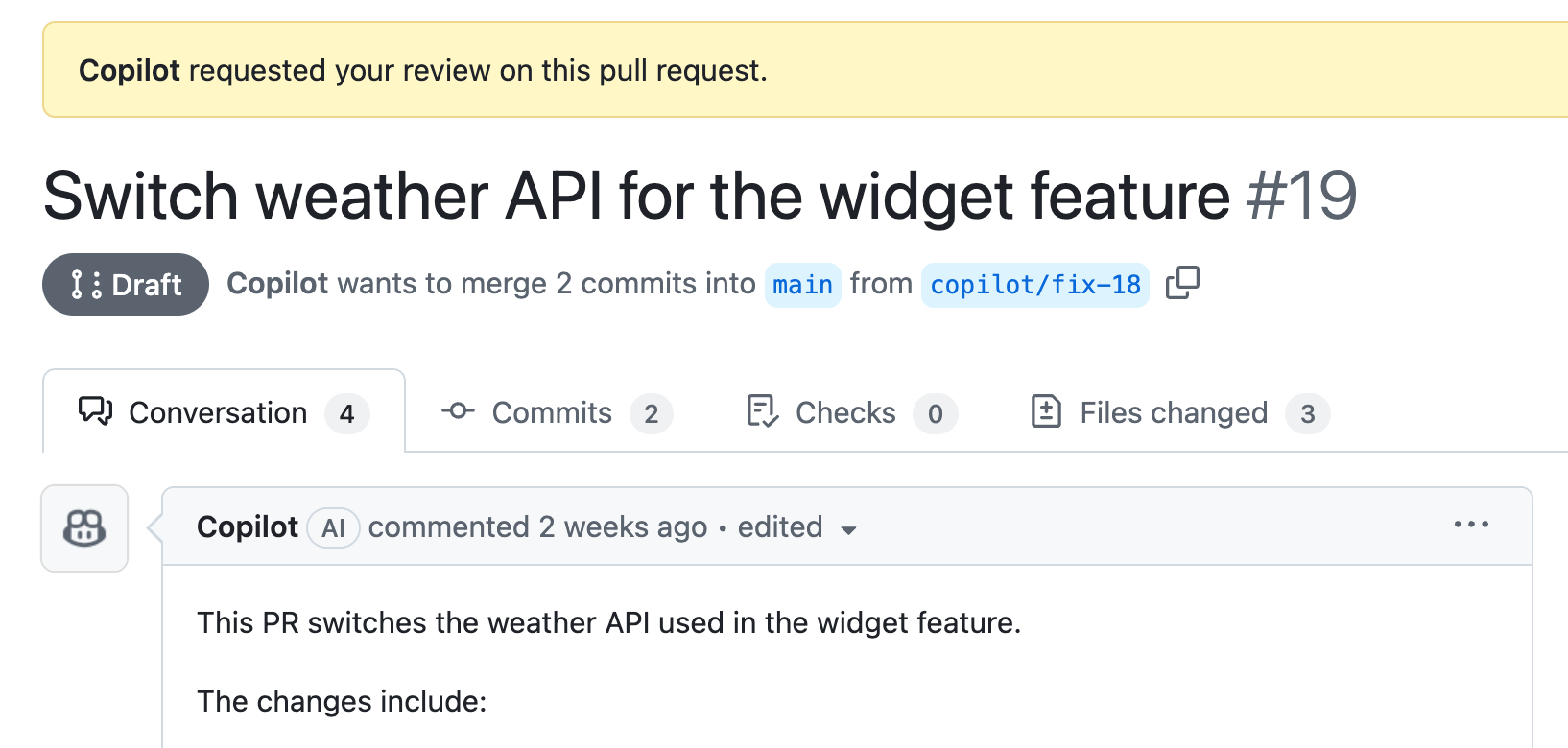 Screenshot of a pull request created by Copilot cloud agent.