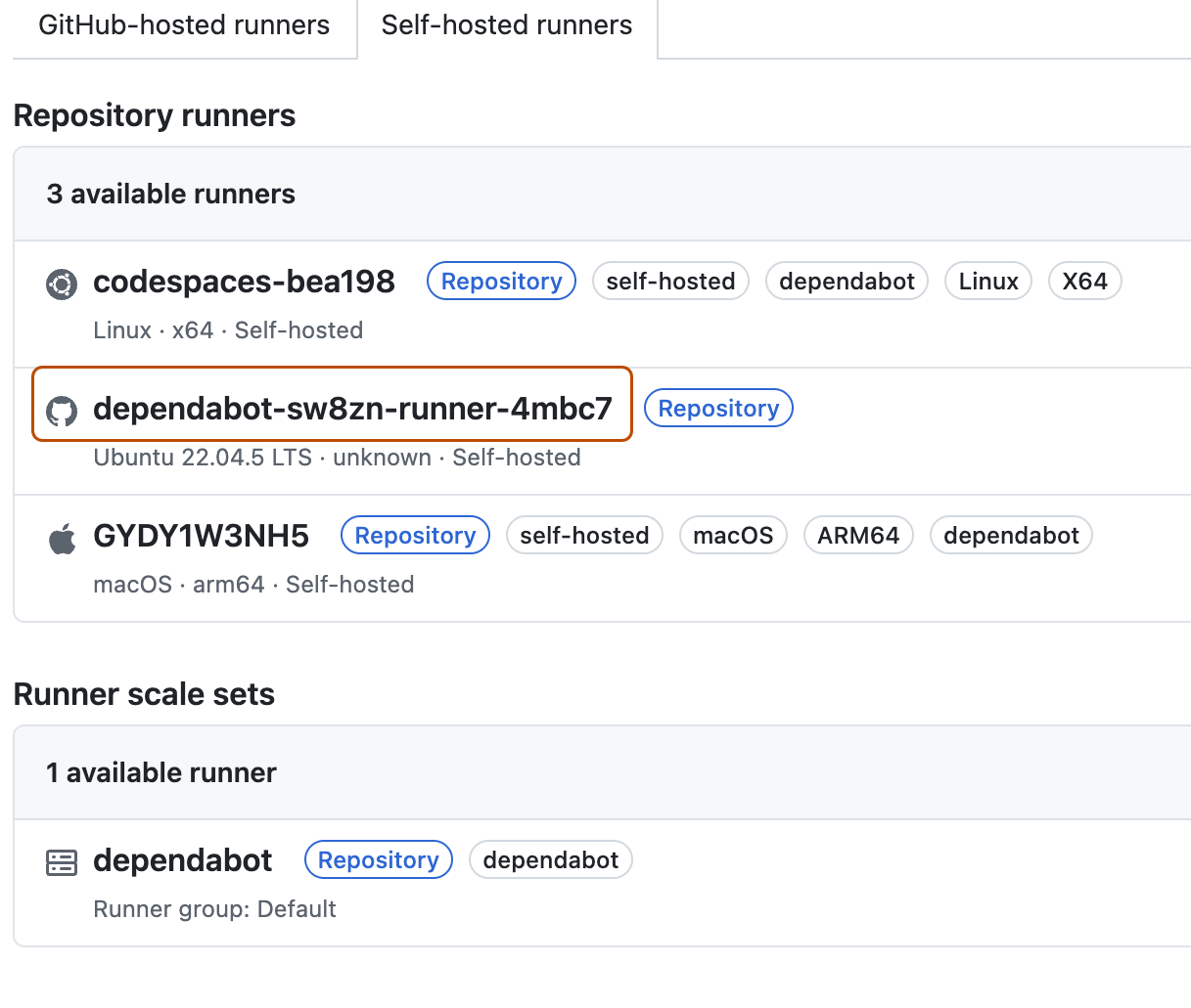 Screenshot showing a dependabot runner in the list of available runners. The runner is highlighted with an orange outline.