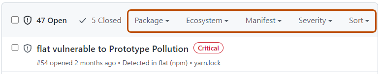 Screenshot of the filter and sort menus in the Dependabot tab.