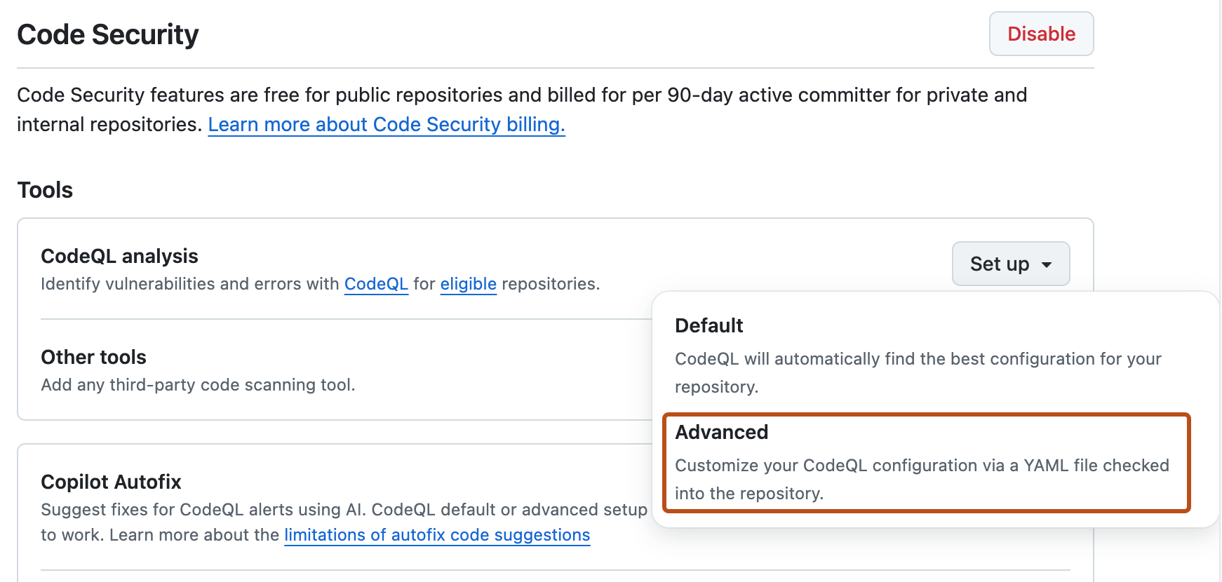 Screenshot of the "Code scanning" section of "Code security and analysis" settings. The "Advanced setup" button is highlighted with an orange outline.