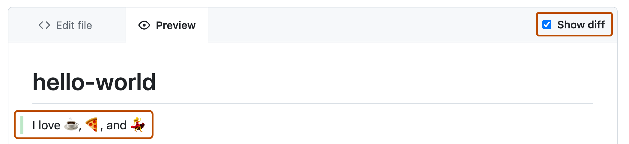 Recorte de pantalla de la vista previa de un archivo. La casilla "Mostrar diferencias" está habilitada y las adiciones al archivo se muestran con una línea verde. Ambas están delineadas en naranja.